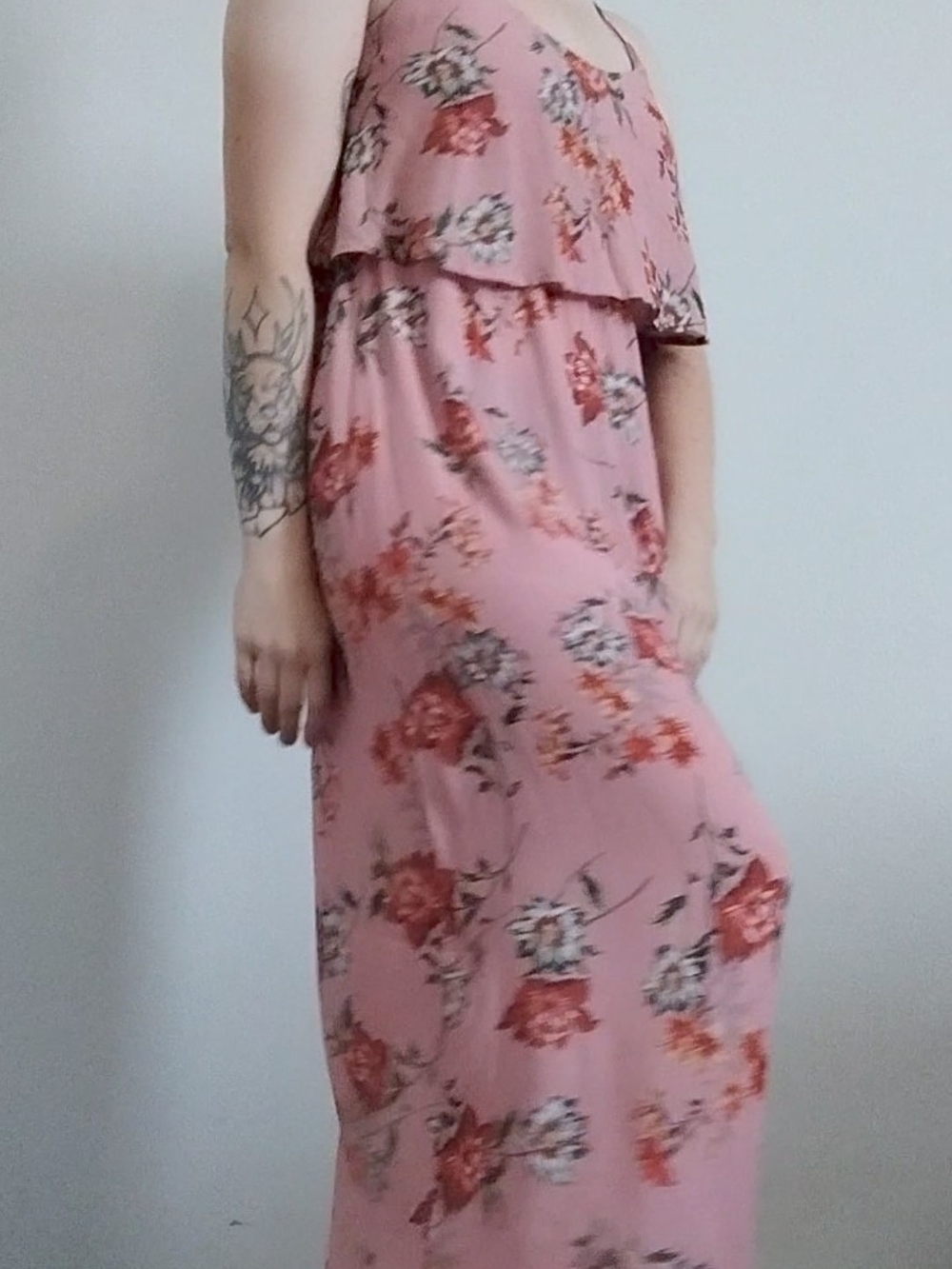 Ripe Pink Floral Maxi Dress with Ruffle Overlay - Maternity/Nursing